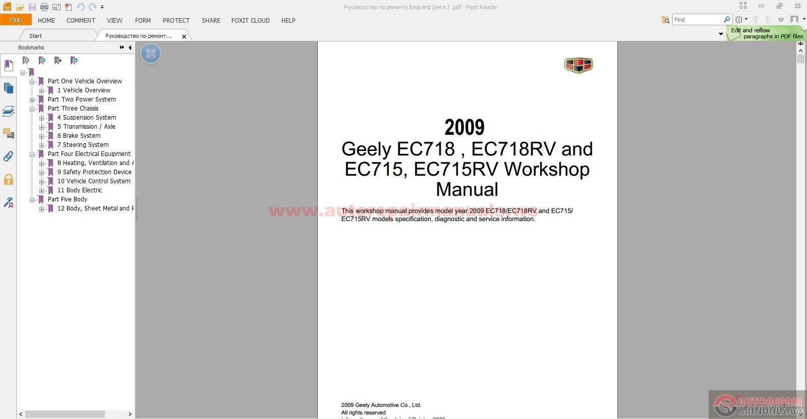 Geely EC718,EC718RV and EC715,EC715RV 2009 Workshop Manual ...