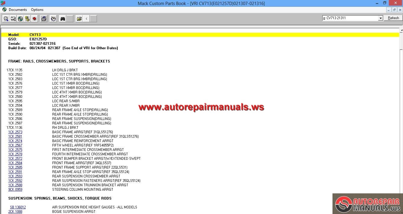 MACK Granite CV 713 Parts Manual | Auto Repair Manual ...