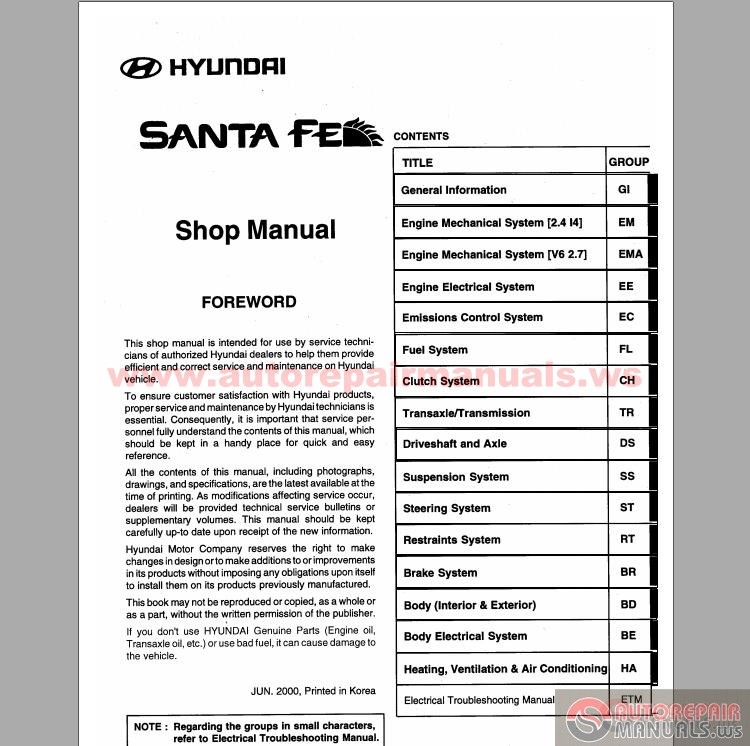 Hyundai Santafe 2000 Shop Manual | Auto Repair Manual ...