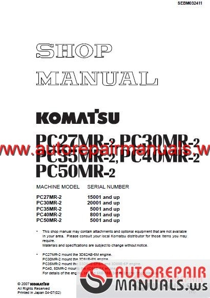 Komatsu PC27MR-2 to PC50MR-2   Workshop Manual Printed 
