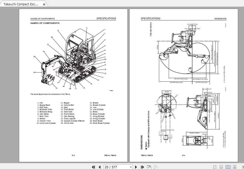 Takeuchi  TB 014 & TB016 Mini Digger Operators Manual 