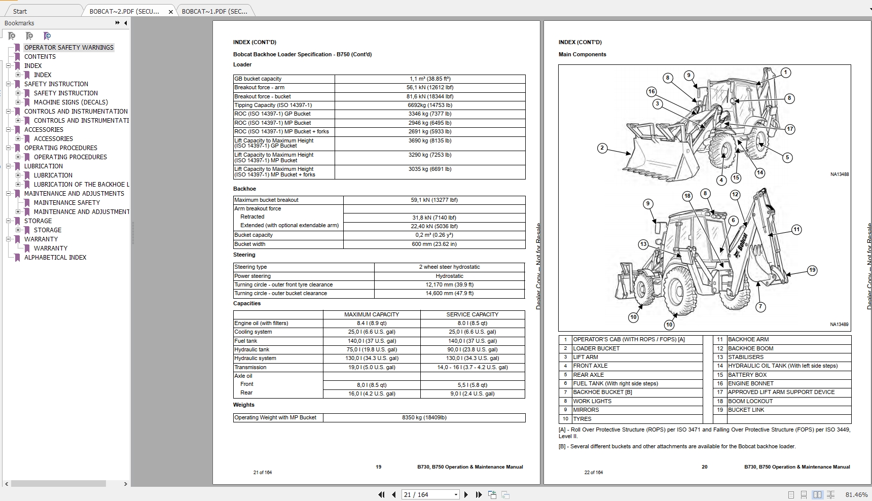 Bobcat Loader Backhoe B730 B750 B780 Operation & Maintenance Manuals ...