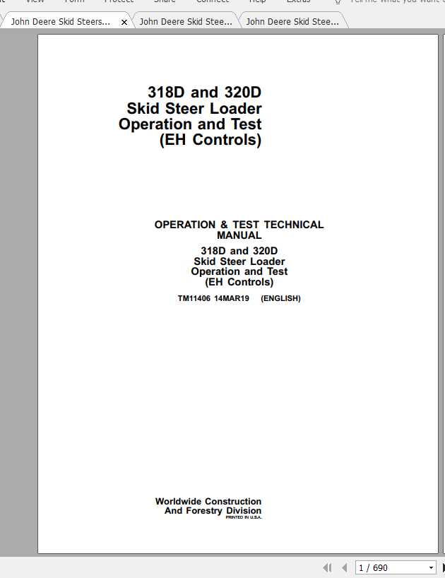 John Deere Skid Steers Loader 320D Repair Technical Manual & Parts
