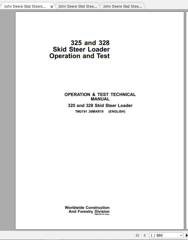 John Deere Skid Steers Loader 325, 328 Repair Technical Manual & Parts