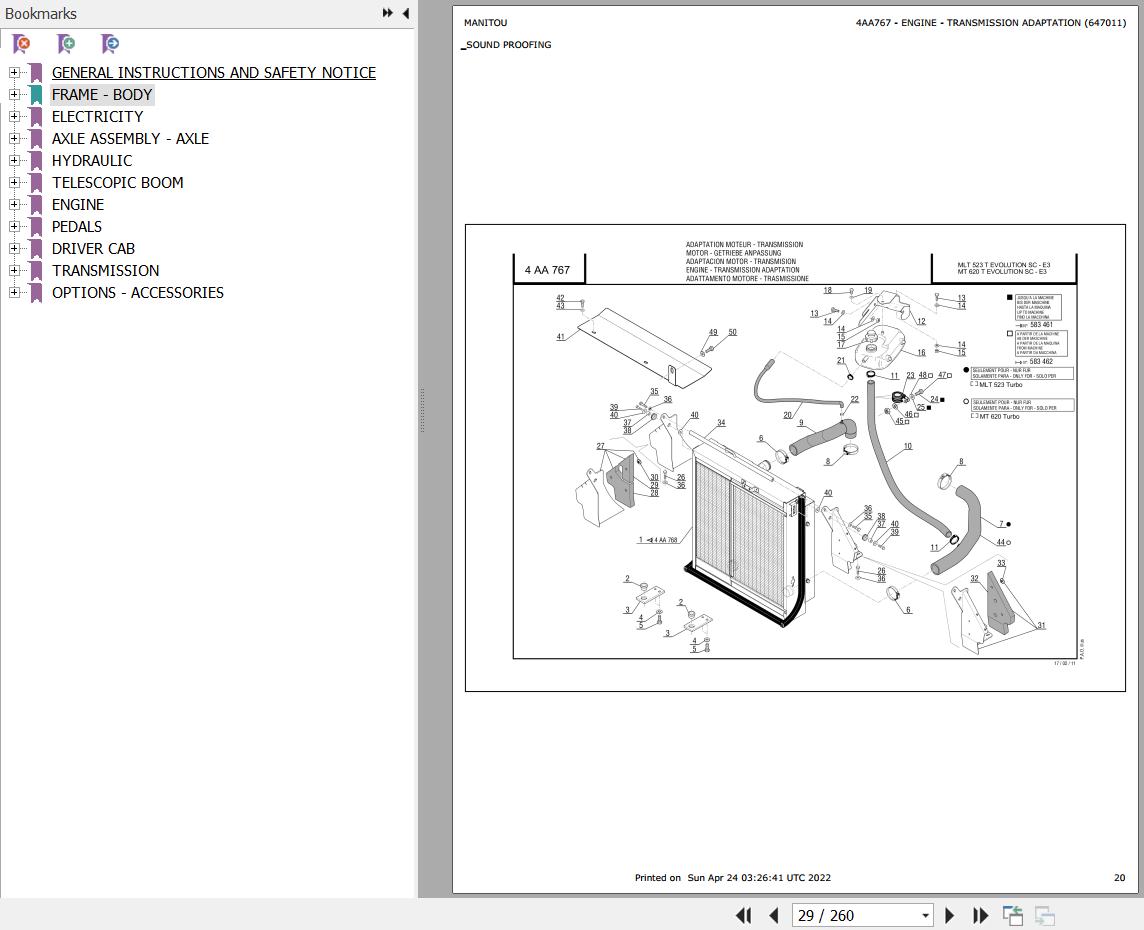 Manitou Telehandler MLT 523 TURBO EVOLUTION SC E3 Parts Catalog 647011