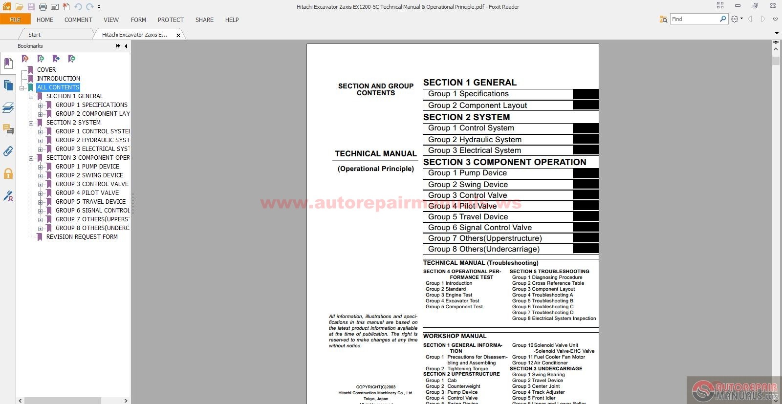 Hitachi Excavator Zaxis EX1200-5C Technical Manual & Operational ...