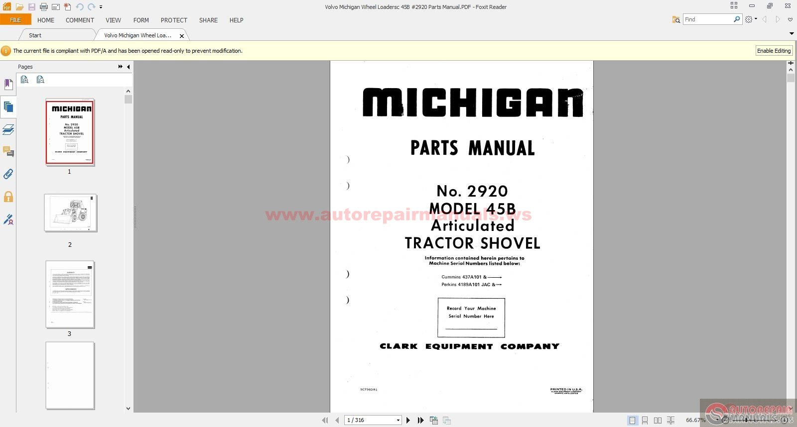 Volvo Michigan Wheel Loadersc 45B #2920 Parts Manual | Auto Repair ...