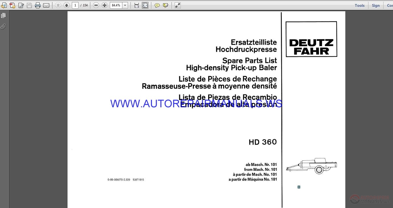 Deutz Fahr Hochdruckpresse HD360 Ersatzteilkatalog 