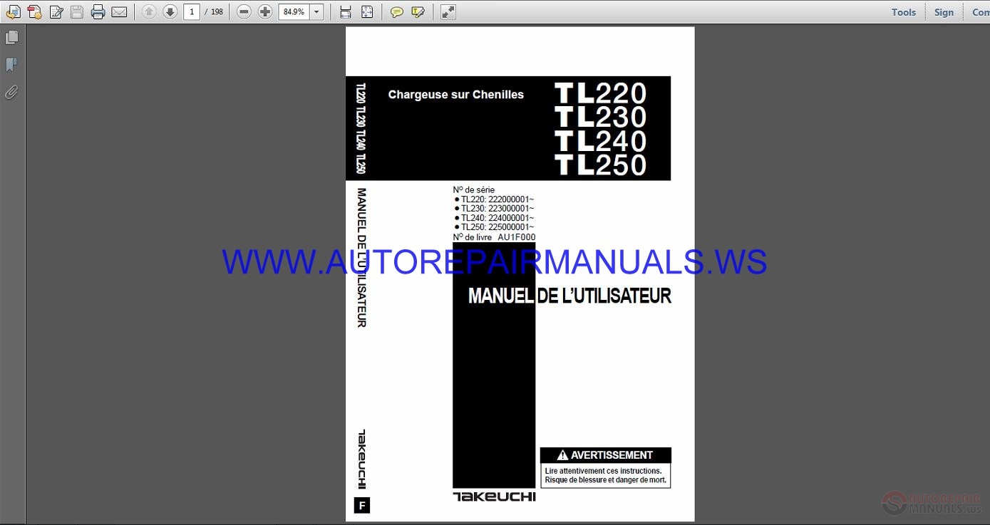 Takeuchi TL220 230 240 250 Crawler Loader Operator's Manual AU1F000