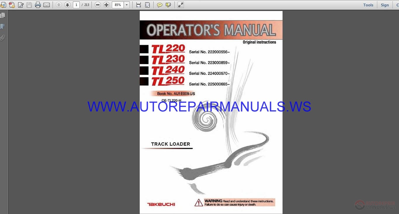 Takeuchi TL220 230 240 250 Track Loader Operator's Manual AU1E009