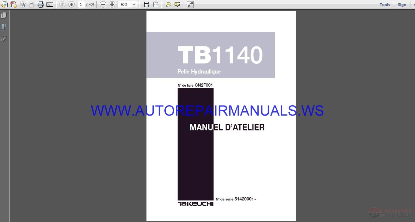 Takeuchi TB1140 Excavator Parts Manual CN2F001 | Auto Repair Manual