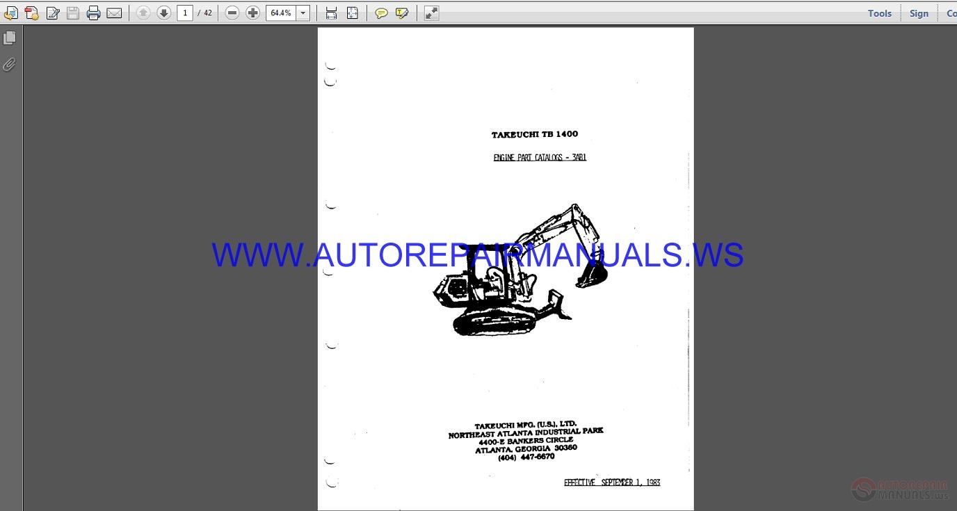 Takeuchi TB1400 Engine Excavator Parts Catalog 3AB1 | Auto Repair ...