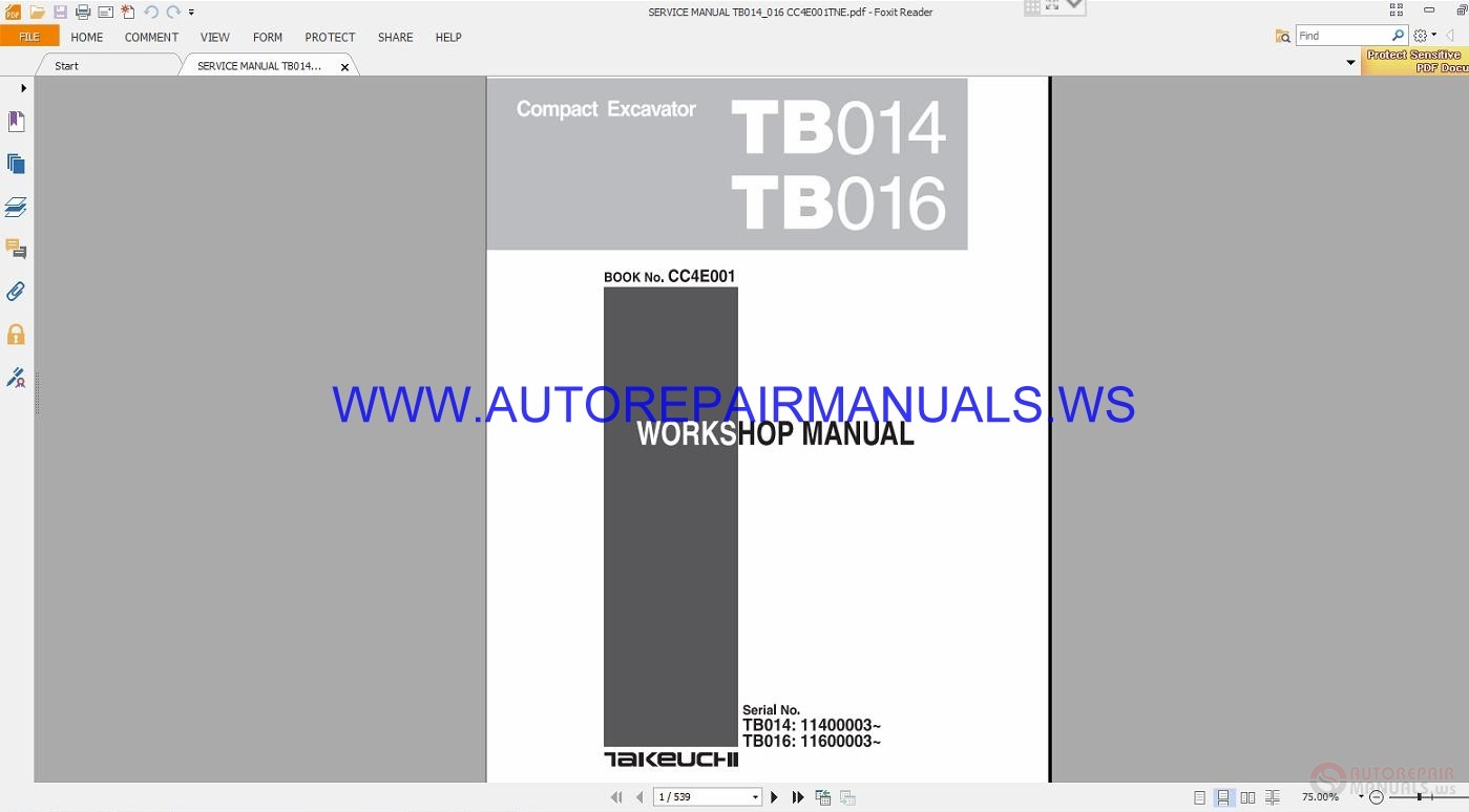 Takeuchi TB014&016 Compact Excavator Workshop Manual CC4E001 | Auto