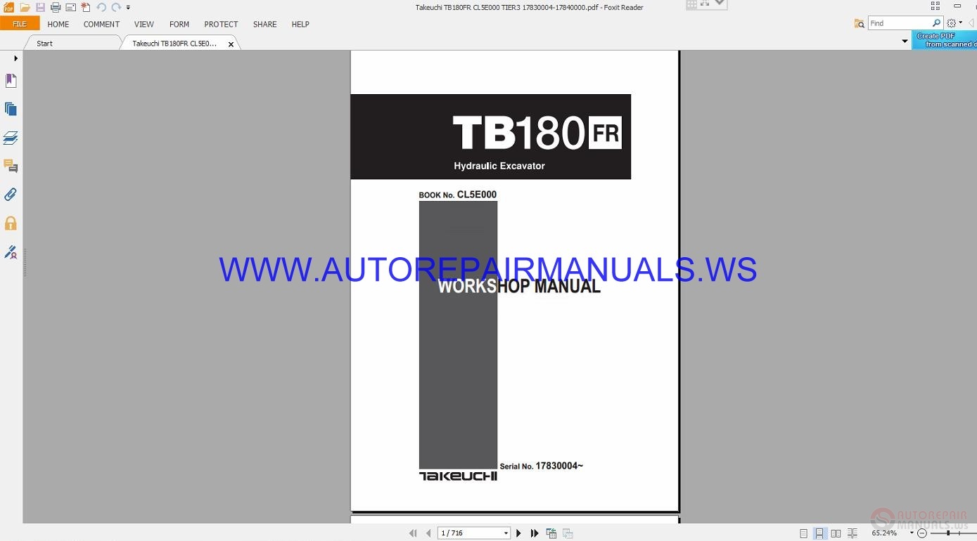 Takeuchi TB180FR Hydraulic Excavator Workshop Manual CL5E000 Auto Repair Manual Forum Heavy 