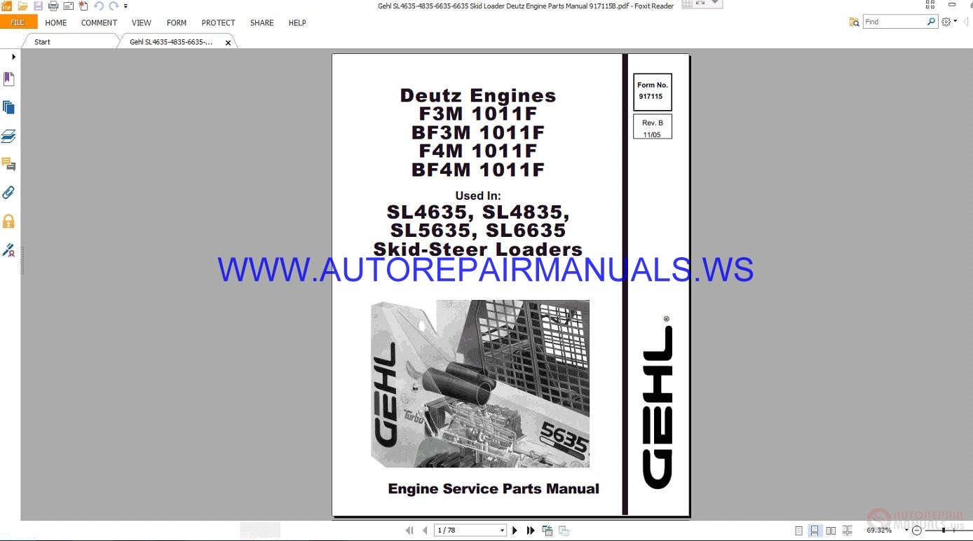Gehl Sl4635 4835 6635 6635 Skid Loader Deutz Engine Parts Manual