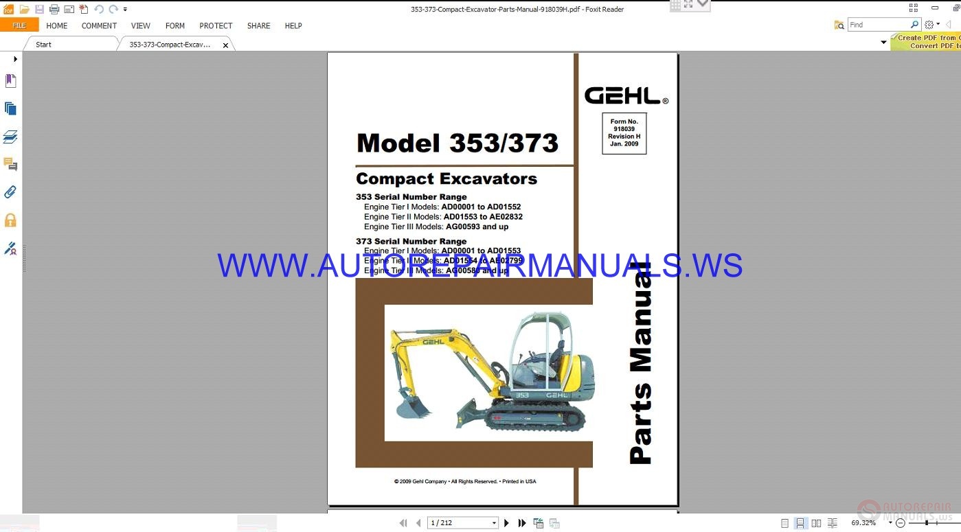 Gehl 353-373 Compact Excavators Parts Manual 918039H | Auto Repair