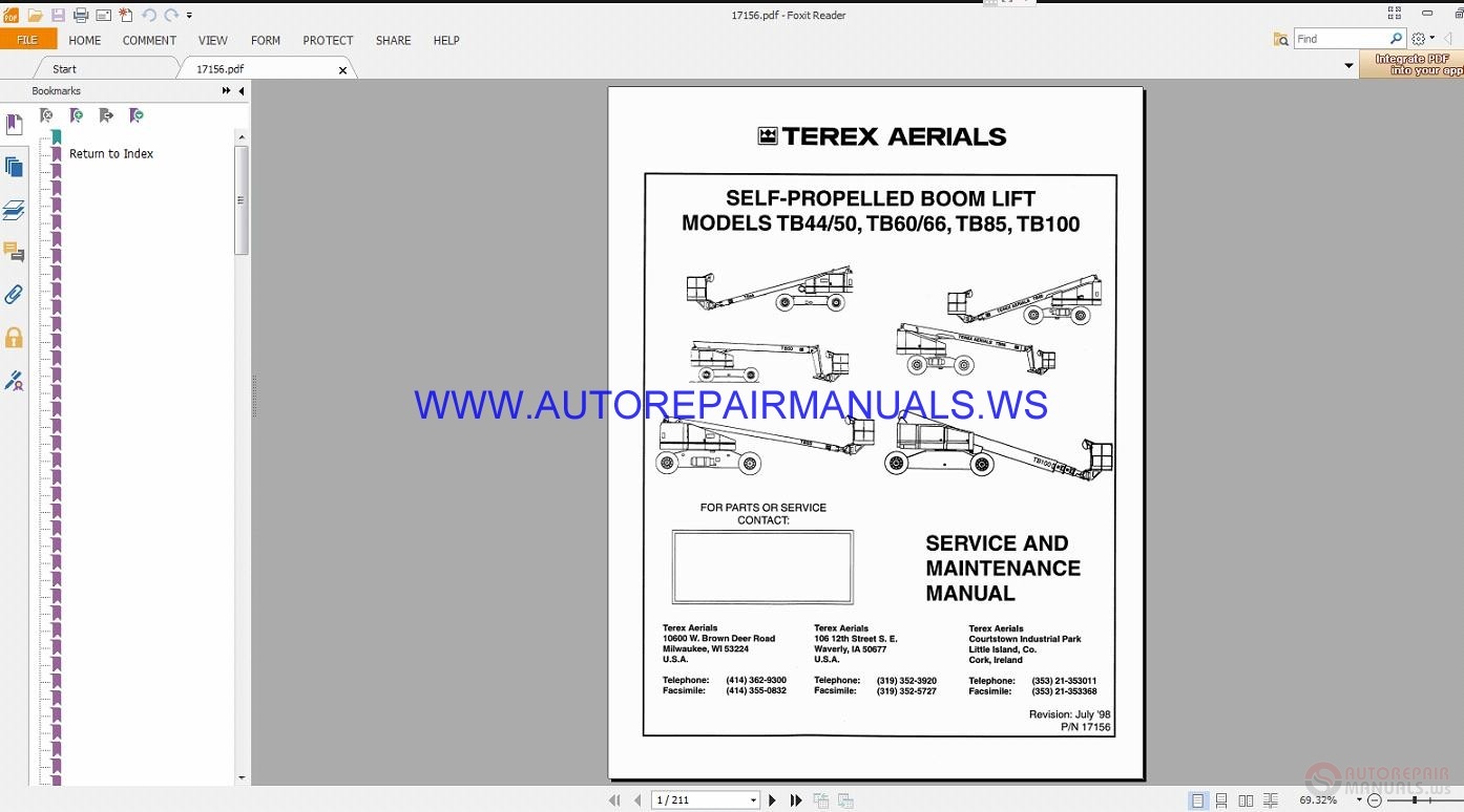 Terex Aerials Tb44 50tb100 Service And Maintenance Manual 17156 Auto