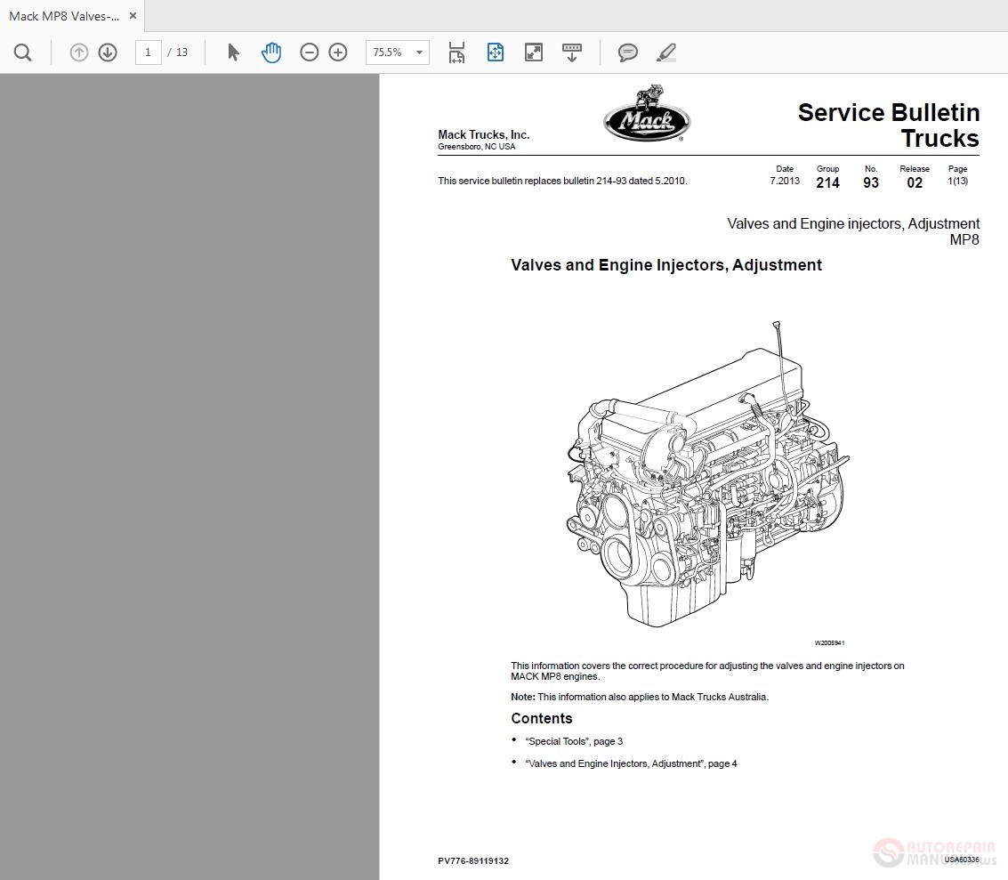 Mack MP8 Valves-Engine Adjustment Service Bulletin Trucks | Auto Repair