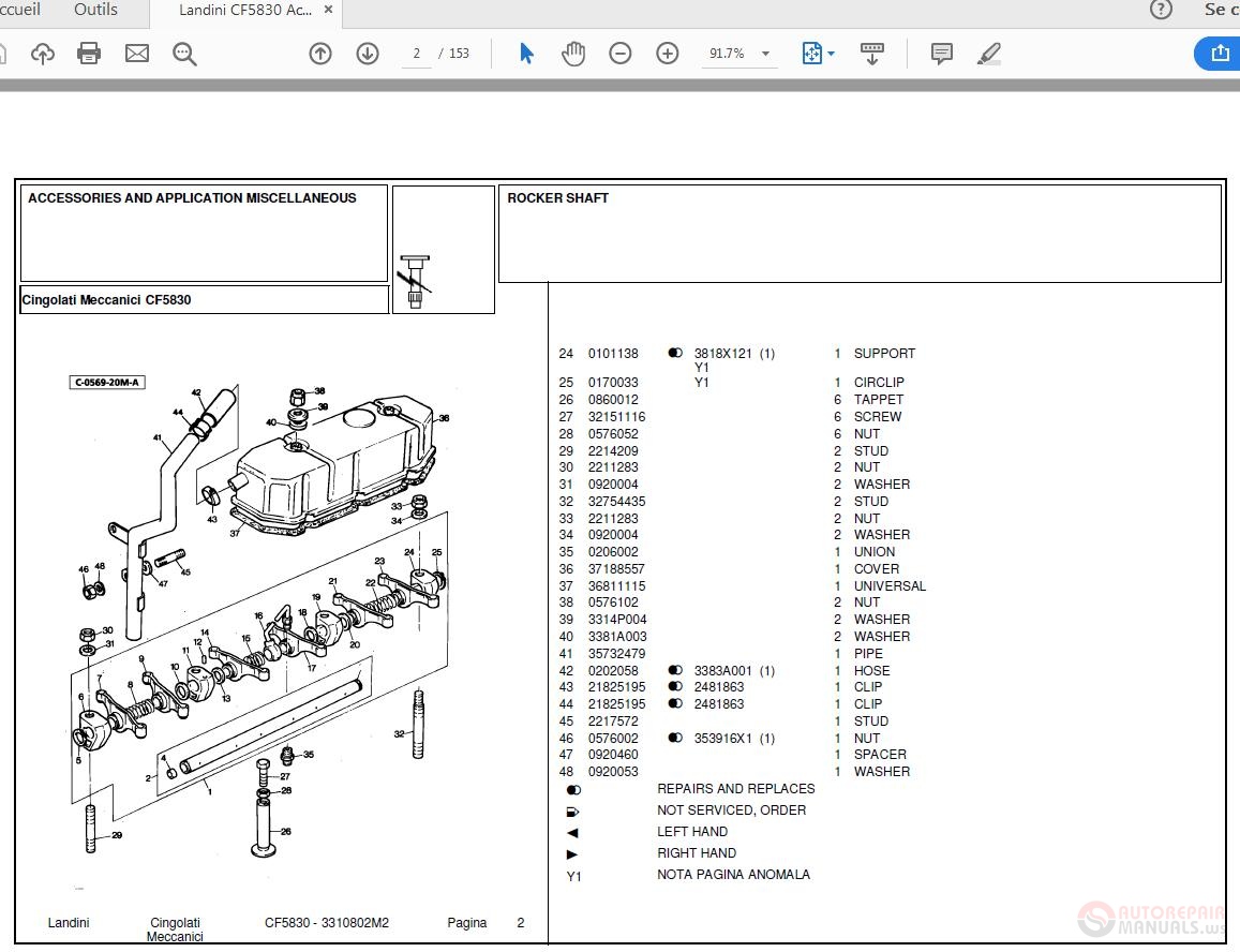 Landini Mechanical Crawler CF5830 Accessories Parts Catalog | Auto ...