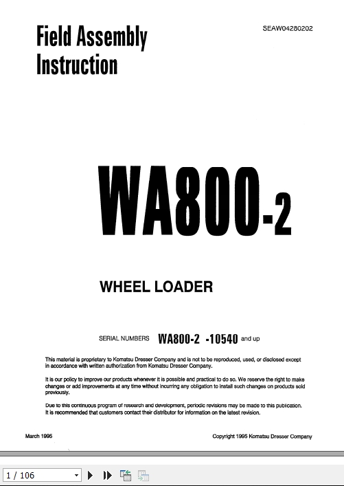 Komatsu Wheel Loader Wa800 2 Wa800 2 10540 And Up Field Assembly