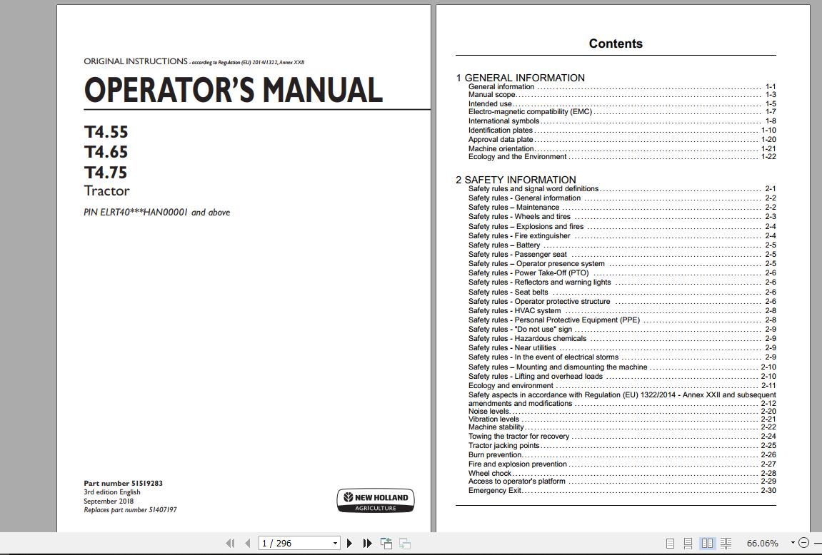 New Holland T4.55 T4.65 T4.75 Tractor Operator's Manual 51519283 