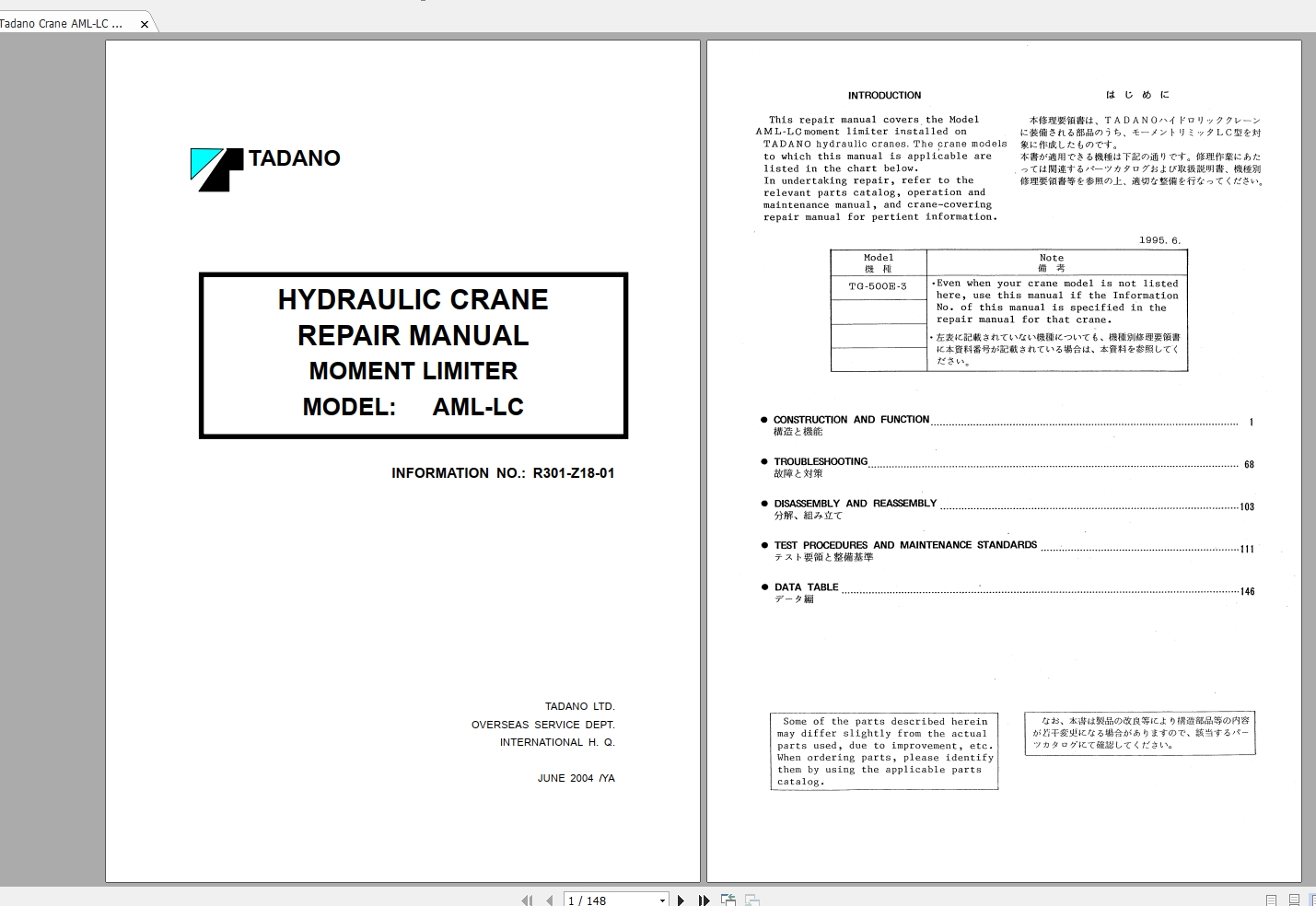 Tadano Mobile Crane TG-500, TG-500E-3 Parts Catalog & Manuals | Auto ...