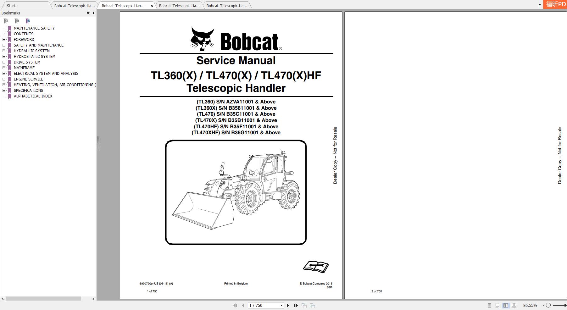 Bobcat Telescopic Handler TL3609(X) TL470(X) TL470(X)HF Service Manuals ...