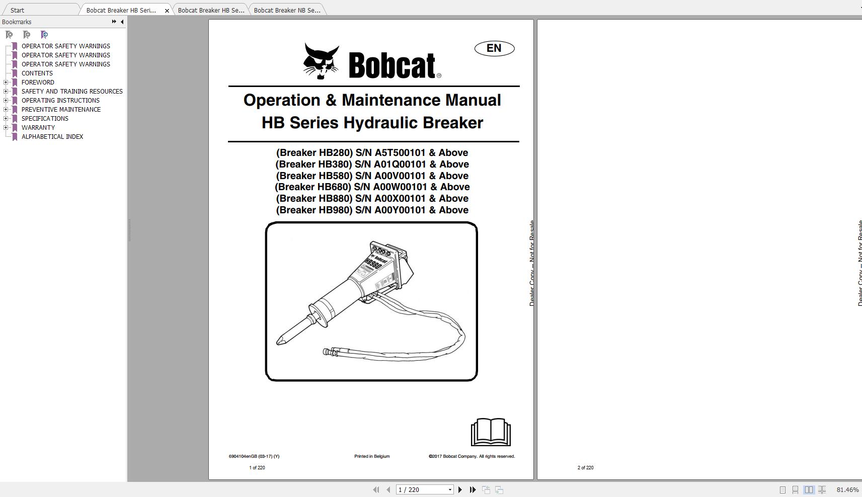 Bobcat Hydraulic Breaker HB Series Operation & Maintenance Manuals ...