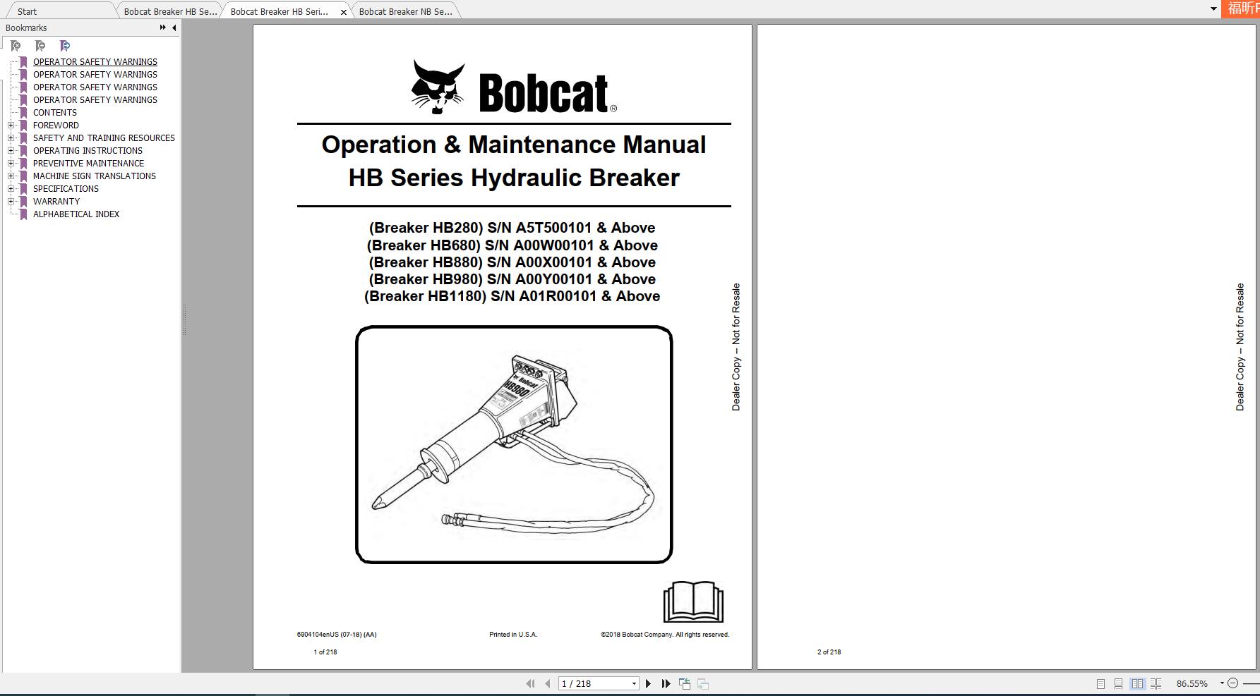 Bobcat Hydraulic Breaker HB Series Operation & Maintenance Manuals ...