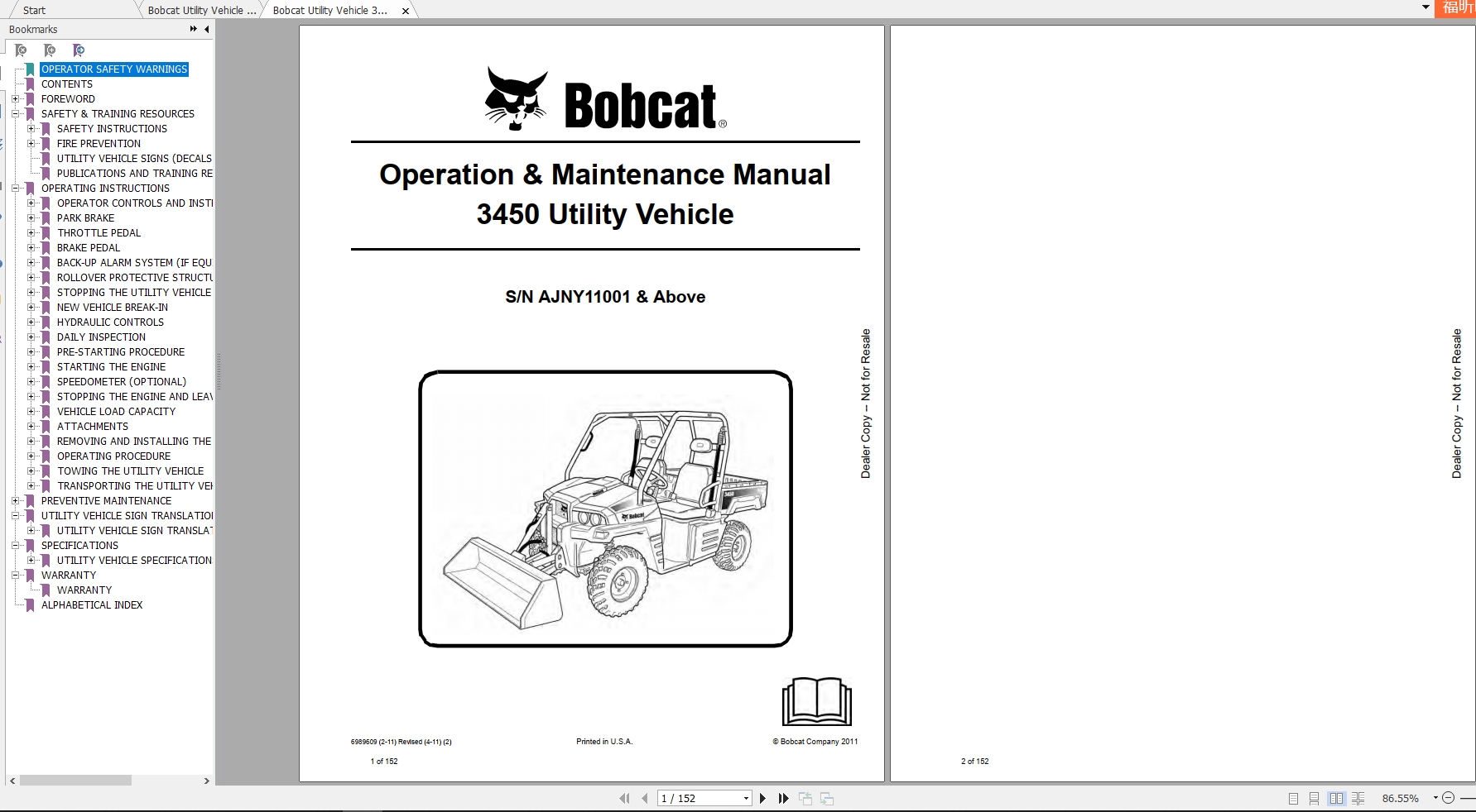 Bobcat Utility Vehicle 3450 Operation & Maintenance Manuals | Auto ...