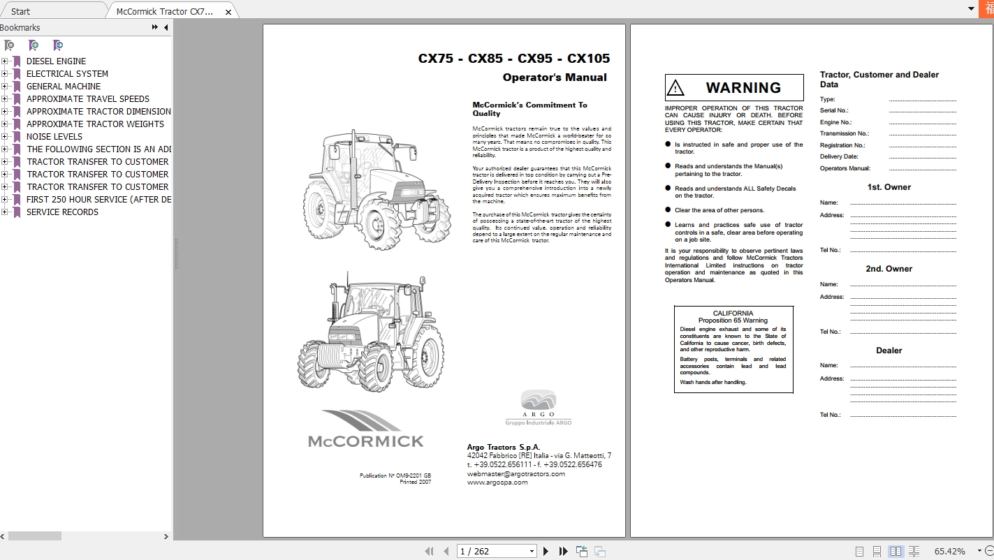 McCormick Tractor CX Series CX90 CX95 CX100 CX105 Shop Service Manual Operator