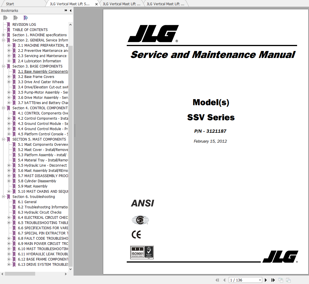 JLG Vertical Mast Lift SSV-10 Operation, Service & Parts Manuals | Auto ...