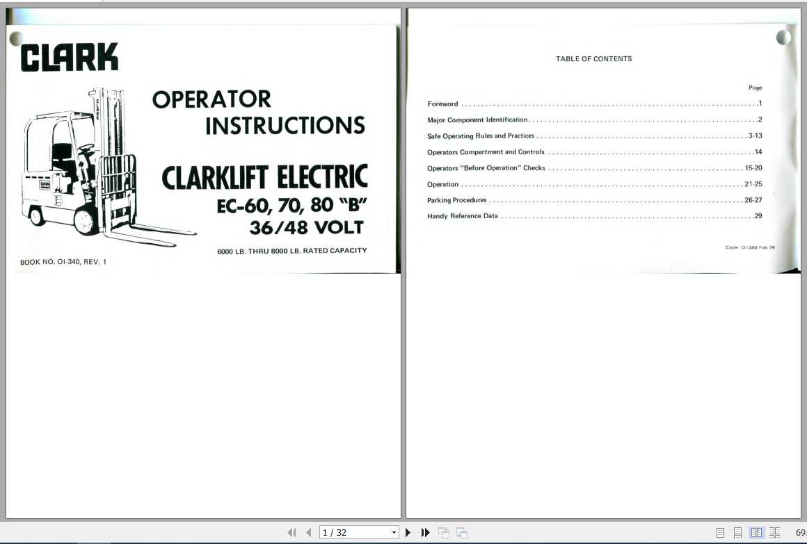Clark Forklift Electric EC-60 70 80 OI-340 Operator's Manual | Auto ...