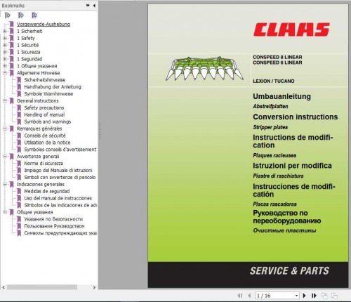 Claas Combines Conspeed 8 Linear, Conspeed 6 Linear Conversion Instructions FR DE EN RU 1