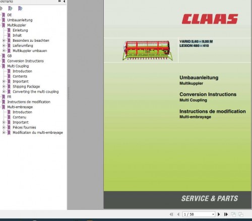 Claas Combines Vario 5,40–9,00M Lexion 480–410 Conversion Instructions FR DE EN RU 1