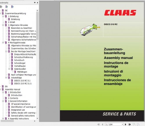 Claas Mowers Disco 210 RC Assembly Instruction FR DE EN RU 1