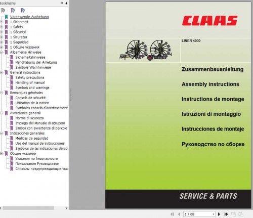 Claas Swathers Liner 4000 Assembly Instruction FR DE EN RU