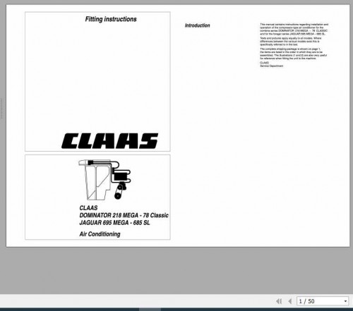 Claas Forage Harvesters DOMINATOR 218 MEGA 78 Claasic JAGUAR 695 MEGA 685SL Fitting Instruction 1