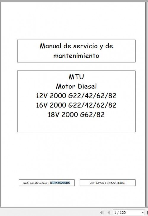 MTU Motor Diesel 12V 16V 18V 2000 G22 G82 Maintenance Manual DE 1