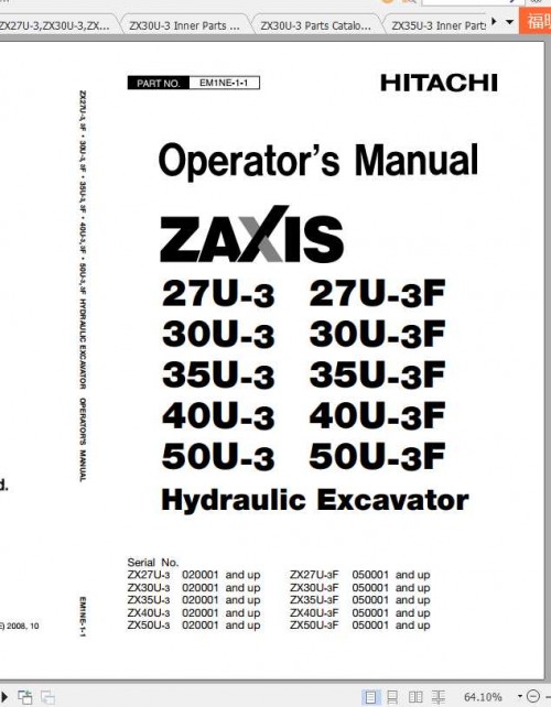 Hitachi Mini Excavator Zaxis ZX27U 3 ZX30U 3 ZX35U 3 Shop Manual 1
