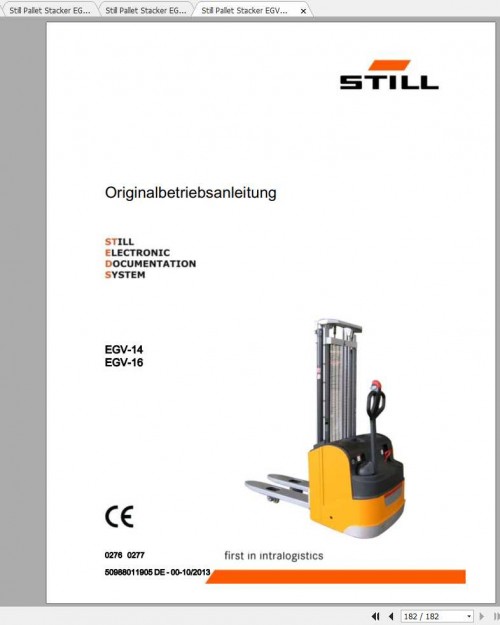 Still Pallet Stacker EGV14 EGV16 Operating & Maintenance Manuals DE 1