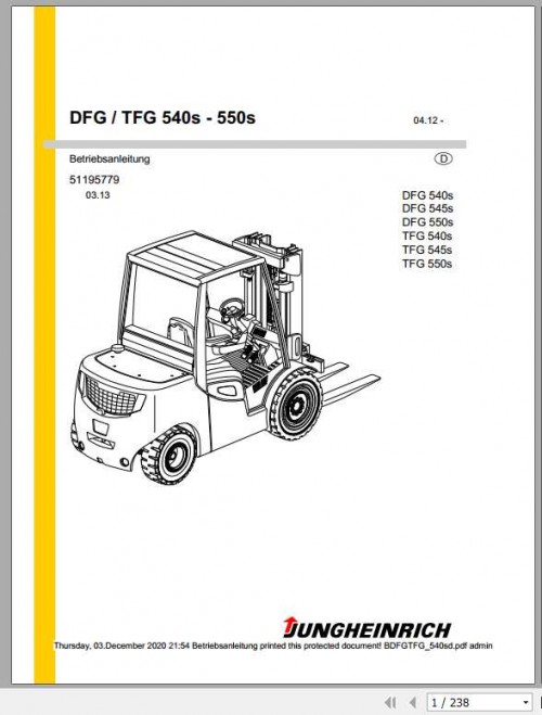 Jungheinrich Forklift DFG TFG 540s 550s Operating Manual DE 2