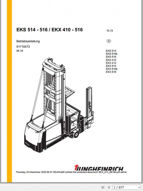 Jungheinrich Forklift EKS 514 516 EKX 410 516 Operating Manual DE 1