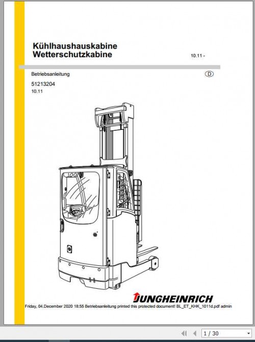 Jungheinrich Forklift Kuhlhaushauskabine Operating Manual DE 1