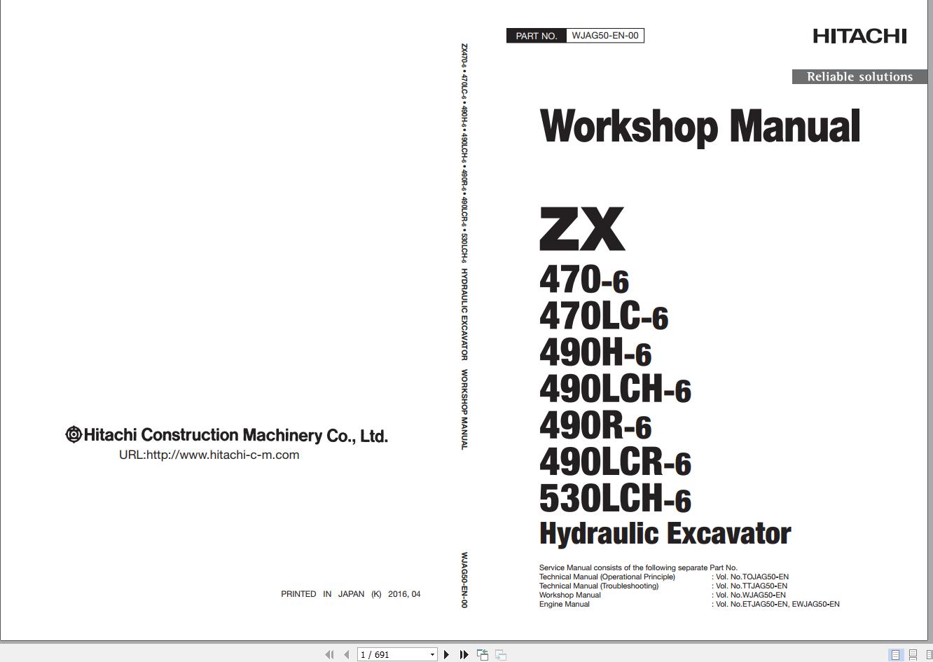 Hitachi Hydraulic Excavator ZX470-6 to 530LCH-6 Shop Manuals 