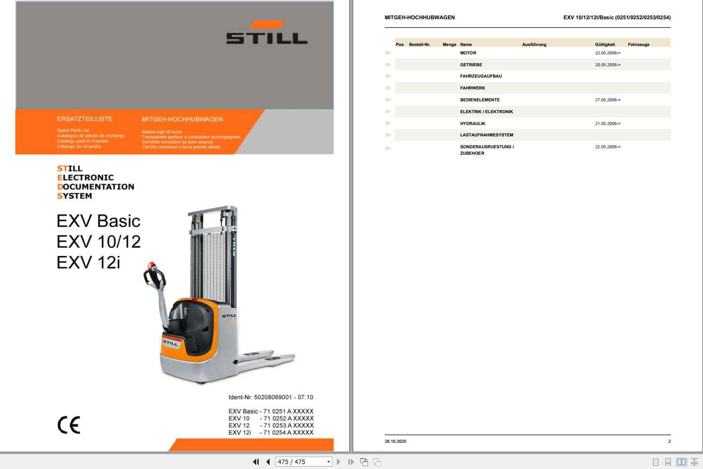 Still Pallet Stacker EXV Basic 10 12 12i (0251-0254) Spare Parts List ...