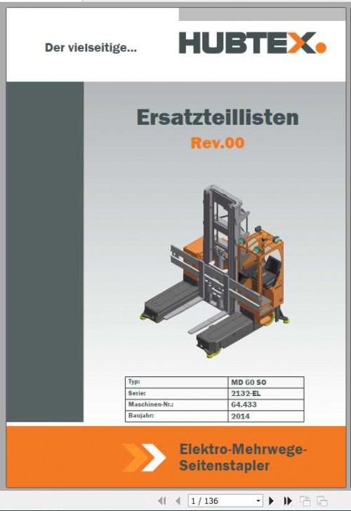 Hubtex Forklift MD 60 SO 2132 EL Operating Instructions and Spare Parts List DE 1