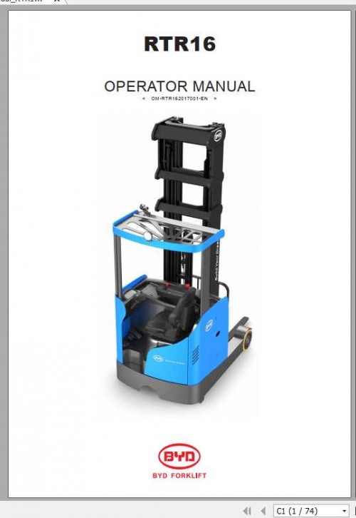 BYD Reach Truck RTR16 Service & Operator, Parts Manual 2