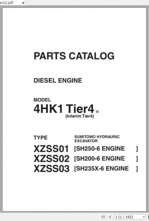 Sumitomo Hydraulic Excavator Diesel Engines 4HK1 Tier4 Parts Manual 1