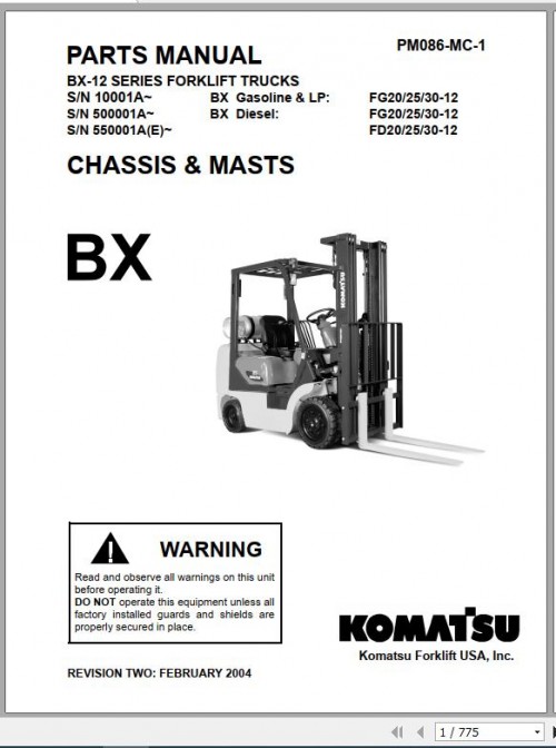 Komatsu Forklift Truck BX12 Series FG(FD)20,25,30 12 Parts Manual PM086 MC 1 1